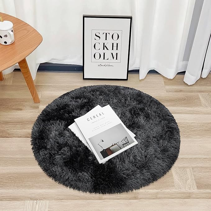 Tie Dye Black Round Rugs Small 3x3 ft Fluffy Circle Rug Furry Carpet Shaggy Circular Fuzzy Plush Area Rug for Girls Bedroom Kids Room Living Room Nursery Cute Room Decor Pet mat Doormat