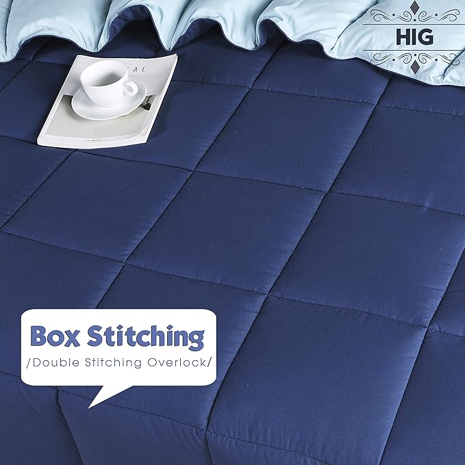 HIG 3pc Down Alternative Comforter Set - All Season Reversible Comforter with Two Shams - Quilted Duvet Insert with Corner Tabs - Box Stitched - Breathable, Soft (King/Cal King, Navy/Light Blue)