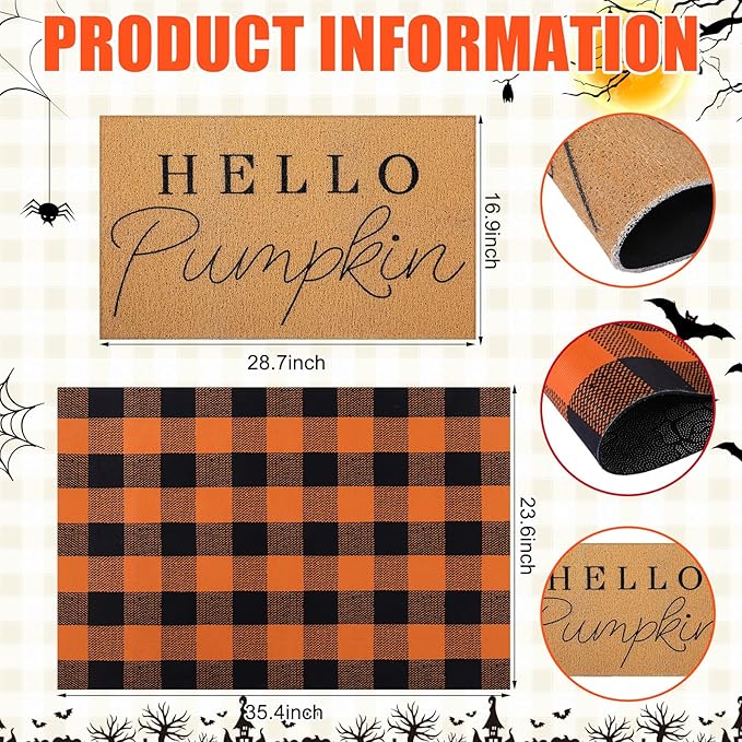 2 Pcs Halloween Door Mat Thanksgiving Hello Pumpkin Welcome Non Slip Coir Mats Fall Black Orange Buffalo Plaid Floor Layering Doormats Seasonal for Front Porch Entryway Decor(Black Orange)