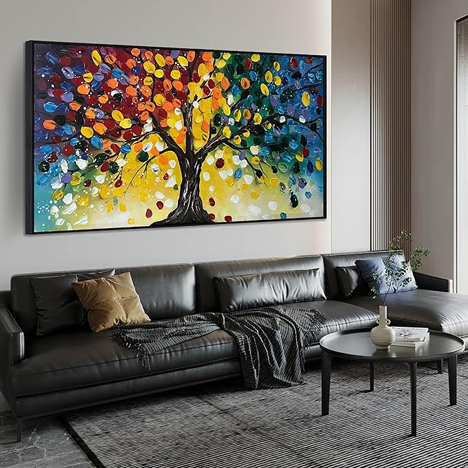Tree Painting Large Wall Decor for Living Room - Colorful Hand Painted Wall Art for Bedroom - Black Framed Canvas Wall Art Size 29" x 59"