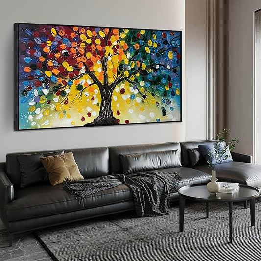 Tree Painting Large Wall Decor for Living Room - Colorful Hand Painted Wall Art for Bedroom - Black Framed Canvas Wall Art Size 29" x 59"