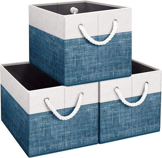 Fab totes Storage Bins [3-Pack], Foldable Storage Baskets for Organizing Toys, Books, Shelves, Closet, Large Storage Box with Rope Handles, Sturdy Organizer Bins, White & Blue