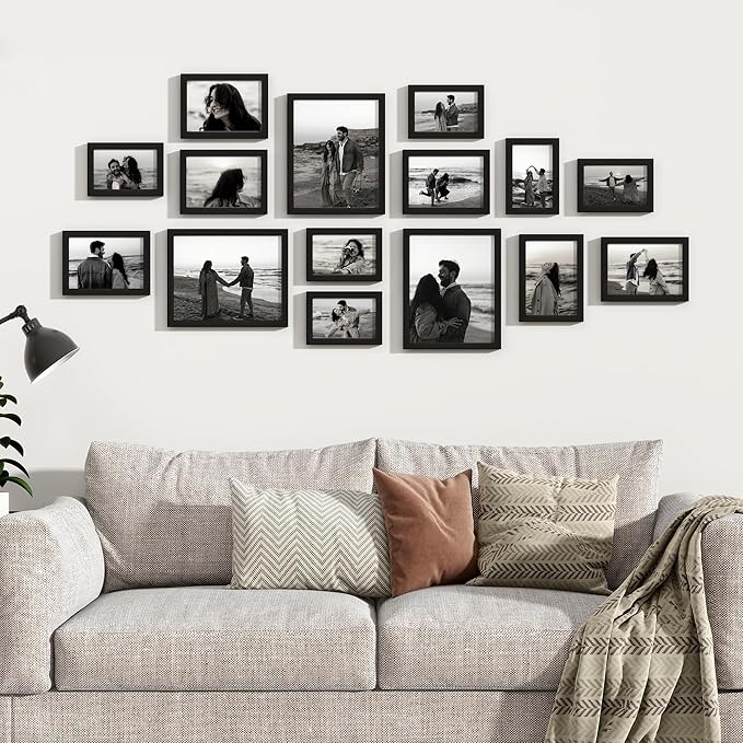 15 Pack Picture Frames Collage Wall Decor, Gallery Frame Set for Wall Mounting or Tabletop Display, Multi Sizes Including 3pcs 8x10, 6pcs 5x7, 6pcs 4x6, Black
