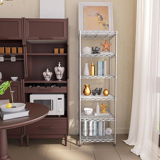 GIOTORENT 6-Tier Storage Shelves Standing Shelving Metal Units, Adjustable Height Wire Shelf Display Rack for Pantry Laundry Bathroom Kitchen 16.6” x 11.8” x 63”, Silver