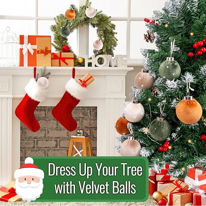 Christmas Tree Ornaments Set Velvet Balls, 15pcs Shatterproof Christmas Bulbs Ornaments for Xmas Tree Decorative Hanging, Vintage Flocked Decoration, 58mm, 2.3in, Multicolor Green Brown Neutral