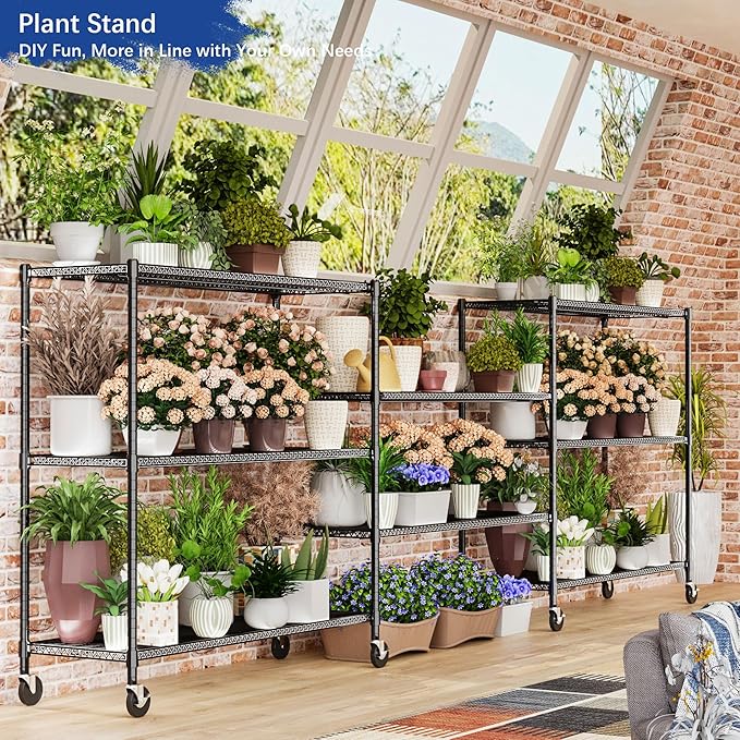 Heavy Duty Shelving, 76.2" H Garage Shelving Unit with Wheels, 4-Tier Garage Storage Shelves Metal Shelves Rack, Adjustable Industrial Shelving for Warehouse Storage, 60" W x 24" D x 76.2" H, Black