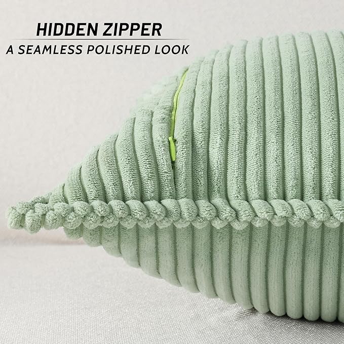 Mecatny Corduroy Throw Pillow Covers 24x24 Set of 2, Neutral Decorative Soft Boho Couch Pillow Covers with Broadside for Sofa Living Room, Sage Green