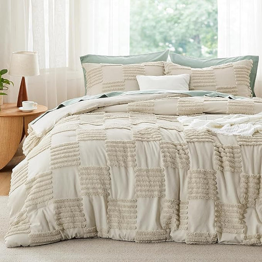 Bedsure King Size Comforter Set Linen, Boho Tufted Bed Set, Grande Checkered Farmhouse Shabby Chic Bedding, 3 Pieces, 1 Plaid Geometric Comforter and 2 Pillow Shams