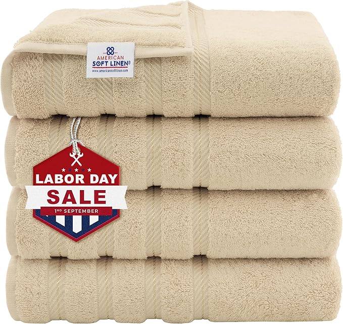 American Soft Linen Luxury 4 Piece Bath Towel Set, 600 GSM 100% Cotton Turkish Bath Towels for Bathroom, 27x54 in Extra Large Bathroom Shower Towels, Beige