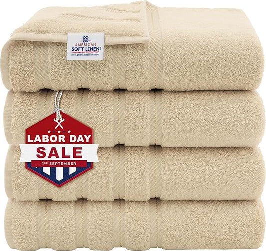American Soft Linen Luxury 4 Piece Bath Towel Set, 600 GSM 100% Cotton Turkish Bath Towels for Bathroom, 27x54 in Extra Large Bathroom Shower Towels, Beige