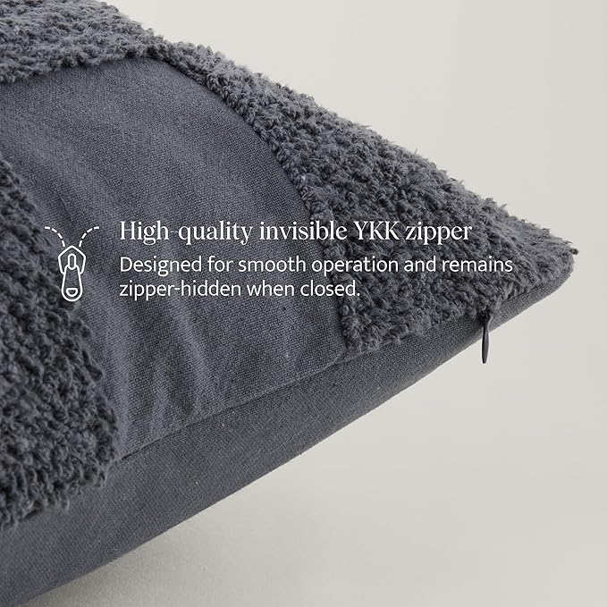 Double Stitch 100% Cotton Throw Pillow Covers - Checkered Tufted Boho Decorative Pillow Covers 20x20, Made in India, Square Cushion Case, Modern Home Decor for Couch, Sofa, Living Room, Charcoal Grey