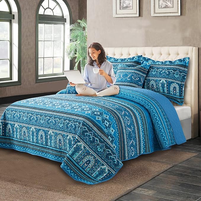 VAPUTAR Cotton Quilt Bedding Set - 3 Pieces, Boho King Size Quilts, Lightweight Reversible Coverlets Bedspreads for Farmhouse Bedroom (Blue)