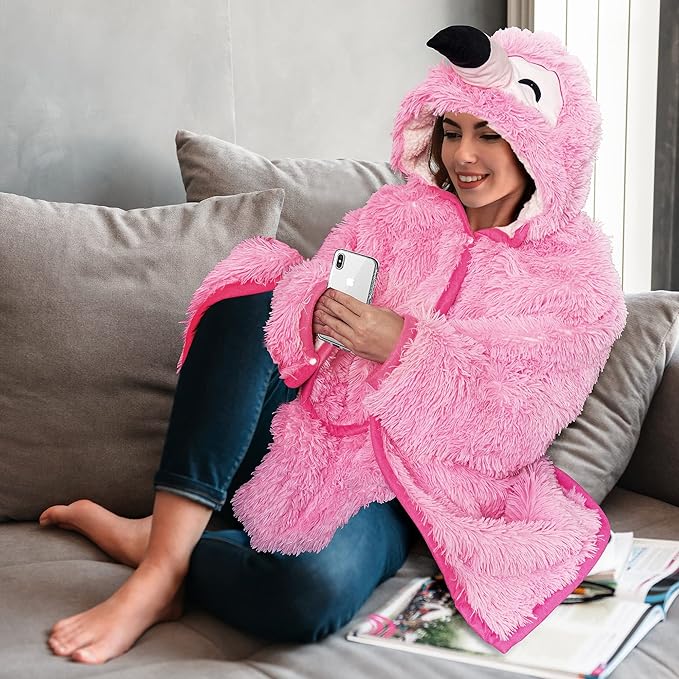 Flamingo Wearable Hooded Blanket for Adults - Fluffy Super Soft Shaggy Faux Fur, Fuzzy Warm Cozy Plush Furry Fleece & Sherpa Hoodie Throw Cloak Wrap - Flamingo Gifts for Women Adults and Kids