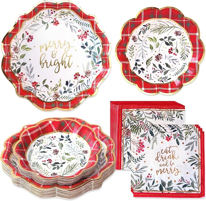 Kate Aspen 62pc Christmas Tableware Set Holiday Dinner Party Kit - 16pcs 7 inch & 9 inch Heavy Duty Disposable Party Plates, 30pcs 6.5 inch Durable Paper Napkins