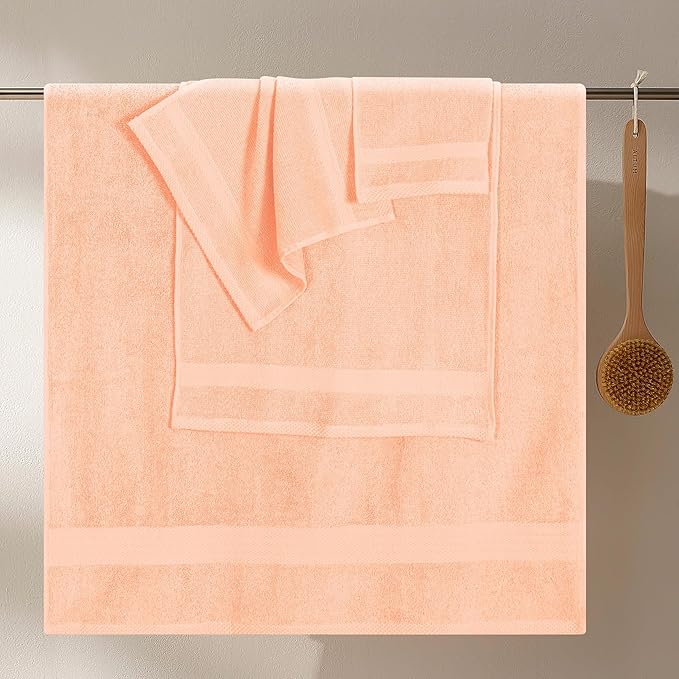 GLAMBURG Ultra Soft 8-Piece Towel Set - 100% Pure Ringspun Cotton, Contains 2 Oversized Bath Towels 27x54, 2 Hand Towels 16x28, 4 Wash Cloths 13x13 - Ideal for Everyday use, Hotel & Spa - Peach