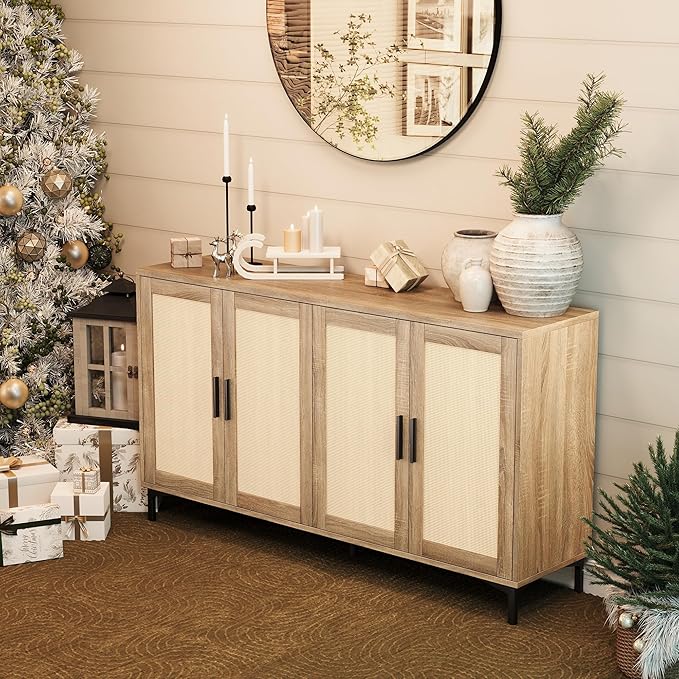 Sideboard - Kitchen Buffet Cabinet with Rattan Decorated Doors, Accent Cabinets with Doors, Coffee Bar Cabinets Rattan Sideboard Buffet Cabinet with Storage (Natural with 4 Doors)