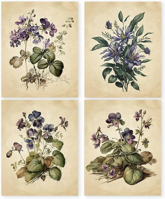 HRQKO Vintage Botanical Purple Flower Wall Art Poster Prints Set of 4, Floral Wall Decor, Wildflower Artwork Printing Wall Decor, Retro Floral Wall Art Prints for Living Room Bedroom 8”x10” Unframed
