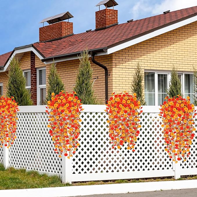 2 Pcs Artificial Hanging Flowers for Outdoor Fall Decoration, 2 Pcs UV Resistant Fake Fall Morning Glory Flowers Faux Petunias for Home Front Door Patio Decor (Orange Yellow)