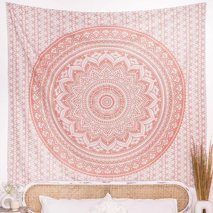 RAJRANG Ombre Mandala Tapestry Rose Gold Wall Hanging Hippie Cotton Tapestries Beach Throw College Dorm Decor Bohemian Boho Bedsheet King 90x108 Inches