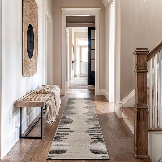 Rugshop Bohemian Stripe Stain Resistant High Traffic Living Room Kitchen Bedroom Dining Home Office Runner Rug 2' 7" x 12' Cream