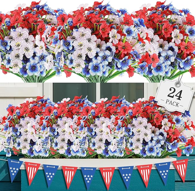 AGIRL 24 Bundles Artificial Flowers for Outdoor,No Fade Fake Plastic Flowers for Garden Porch Window Box Home,Red White Blue Faux Plants for 4th of July Memorial Day Independence Day Patriotic Decor