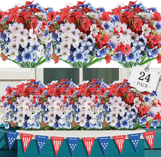 AGIRL 24 Bundles Artificial Flowers for Outdoor,No Fade Fake Plastic Flowers for Garden Porch Window Box Home,Red White Blue Faux Plants for 4th of July Memorial Day Independence Day Patriotic Decor