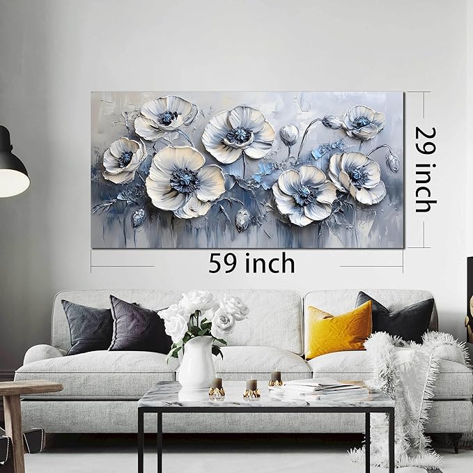 AOZEMI Floral Wall Art Bedroom Floral Picture Art Blue Canvas Wall Decor White Artwork for Living Room Office 29" x 59"