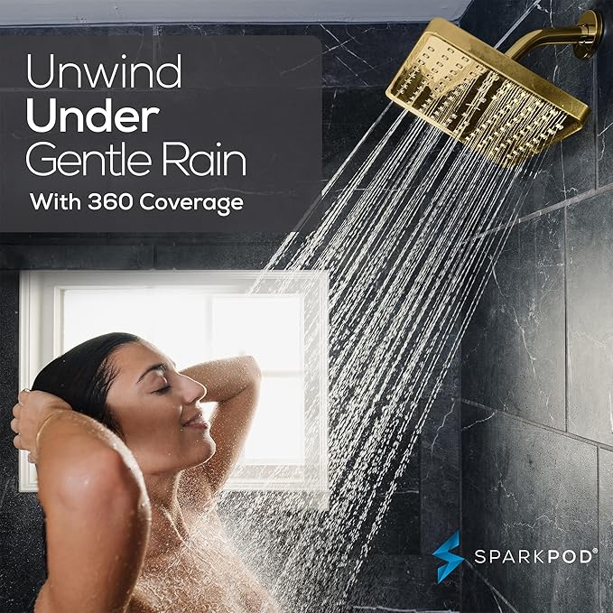 SparkPod Shower Head - High Pressure Rain - Premium Quality Luxury Design - 1-Min Install - Easy Clean Adjustable Replacement for Your Bathroom Shower Heads (Egyptian Gold, 8 Inch Square)