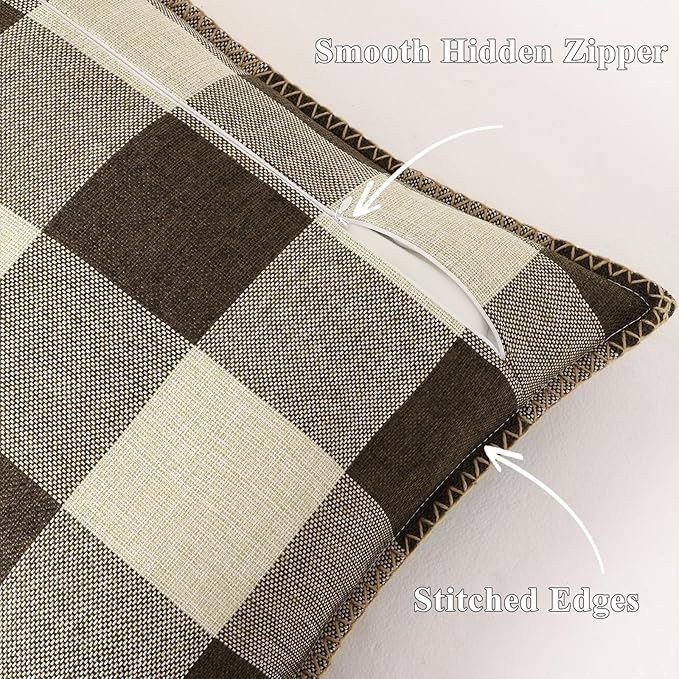 decorUhome Buffalo Plaid Check Throw Pillow Covers 12x20 Set of 2, Outdoor Lumbar Linen Decorative Farmhouse Gingham Pillow Covers with Stitched Edge for Bed Couch Sofa, Brown and Beige