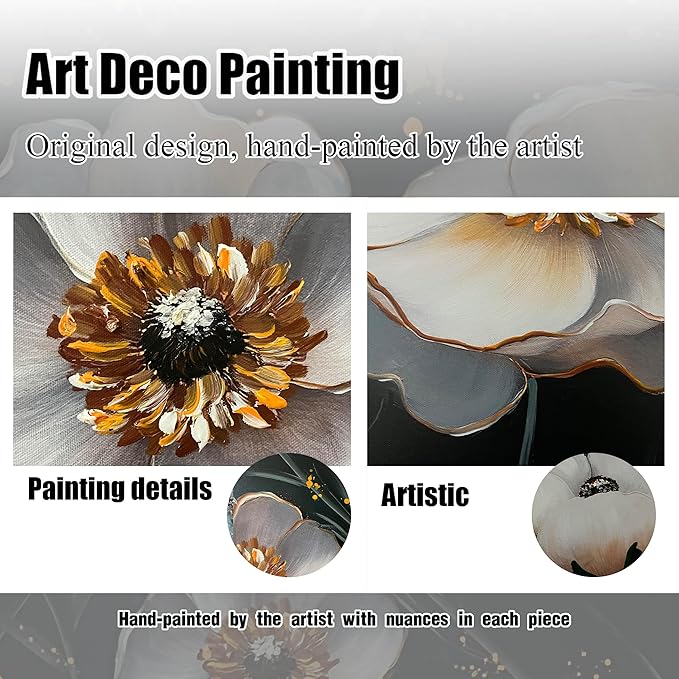 CIRABKY Gold and White Flower Hand Painted Wall Art for Bedroom - Black and White Art Pictures for Wall in Living Room - Big Picture Frames for Wall Size 29" x 59"