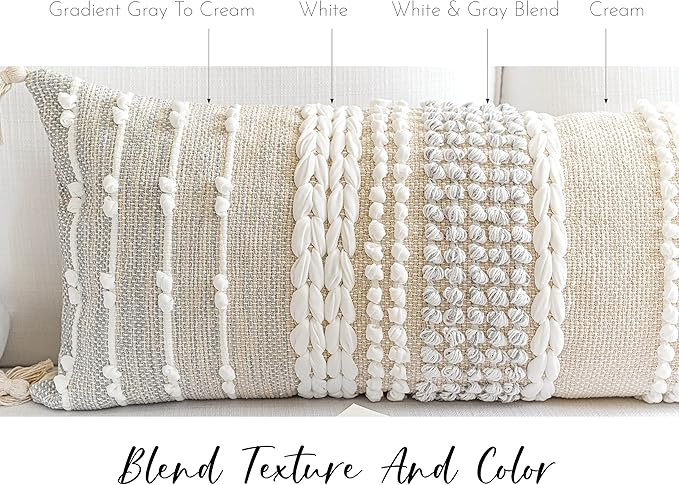 Gray Decorative Lumbar Pillow Cover 14x36, Boho Long Throw Pillow for Bed, Accent Lumbar Throw Pillow Case, Modern Farmhouse Textured Lumbar Cushion (Cover ONLY)