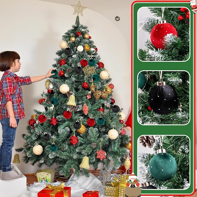 Christmas Tree Ornaments Set Velvet Balls, 15pcs Shatterproof Christmas Bulbs Ornaments for Xmas Tree Decorative Hanging, Vintage Flocked Decoration, 58mm, 2.3in, Multicolor Green Red Black