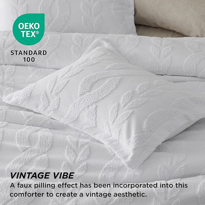 Bedsure King Size Comforter Set White, Boho Tufted Bed Set, Farmhouse Jacquard Cable Knit Pattern Bedding, 3 Pieces, 1 Shabby Chic Fluffy Comforter & 2 Pillow Shams