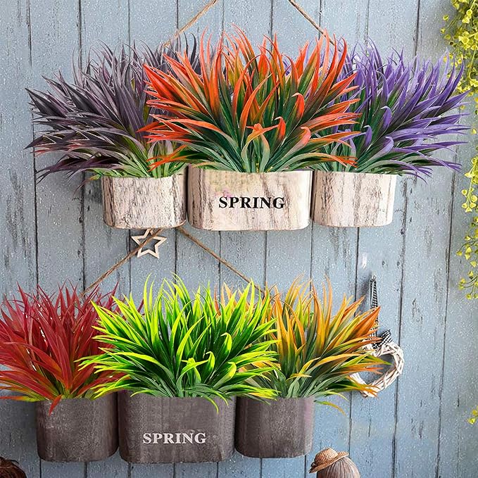 16 Pcs Outdoor Fake Plants UV Resistant Artificial Tall Grass Plants Faux Tropical Flowers Bushes Fall Winter Summer Planters Yard Patio Front Porch Décor Plastic Greenery Shrubs Decoration