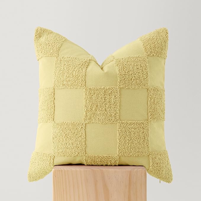 Double Stitch 100% Cotton Throw Pillow Covers - Checkered Tufted Boho Decorative Pillow Covers 20x20, Made in India, Square Cushion Case, Modern Home Decor for Couch, Sofa, Living Room, Lemon Yellow