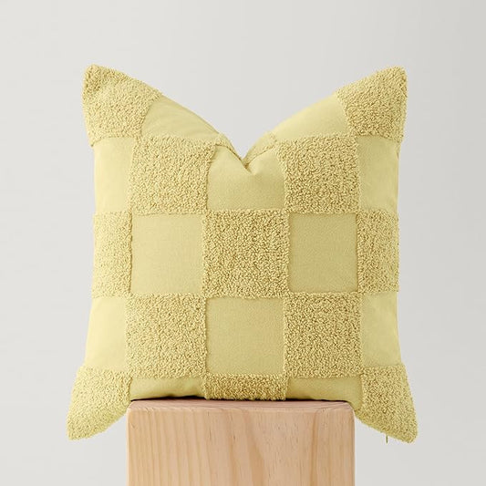 Double Stitch 100% Cotton Throw Pillow Covers - Checkered Tufted Boho Decorative Pillow Covers 20x20, Made in India, Square Cushion Case, Modern Home Decor for Couch, Sofa, Living Room, Lemon Yellow