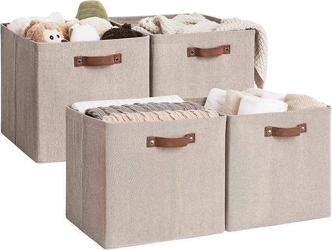 StorageWorks 13x13 Inches Storage Cube, Fabric Storage Bins with PU Handles, Collapsible Organizer Baskets for Closet, Brown and Beige, 4-Pack