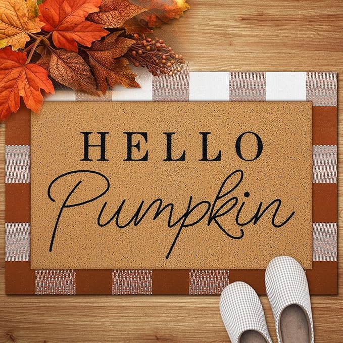 2 Pcs Fall Door Mat Hello Pumpkin Welcome Non Slip Coir Mats Thanksgiving Black White Plaid Harvest Floor Layering Doormats Seasonal for Front Porch Entryway Decor(Brown White Plaid)