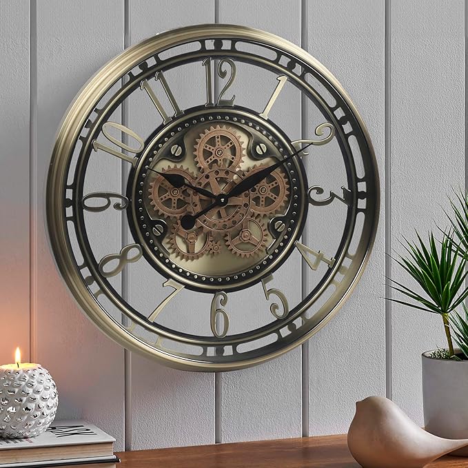 CLXEAST 28 Inch Large Moving Gear Wall Clock for Living Room Decor, Modern Farmhouse Wall Clock for Home Office,Brass Gold,House Warming Gifts New Home