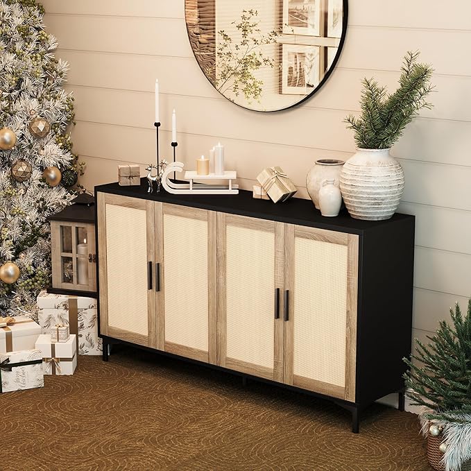 Sideboard - Buffet Cabinet with Storage, Rattan Kitchen Buffet Cabinet Accent Sideboard Cabinets with Doors, Coffee Bar Cabinets Rattan Sideboards for Living Room, Entryway, Black