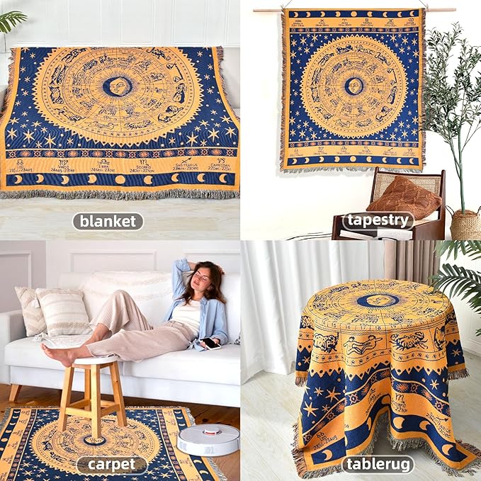 Boho Throw Blanket Reversible Cotton Bohemian Tapestry Hippie Room Decor Outdoor Blanket Double Sided (Boho Horoscope 50"x60")