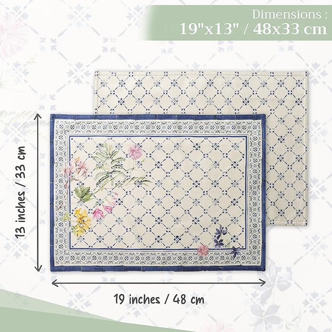 Maison d' Hermine Placemats Set of 4 100% Cotton Washable Cloth Place Mats, Reusable Table Mats for Kitchen Dining Decoration, Party, Wedding, Restaurant Spring/Summer (Faience, 13" x 19")