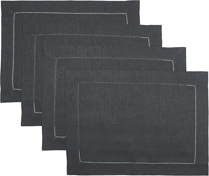 D'Moksha Homes Linen Placemats Set of 4 - Classic Hemstitch Charcoal Grey Placemats 14 x 19 Inch - 100% Pure Linen Table Mats for Fall, Autumn and Halloween - Handcrafted and Machine Washable