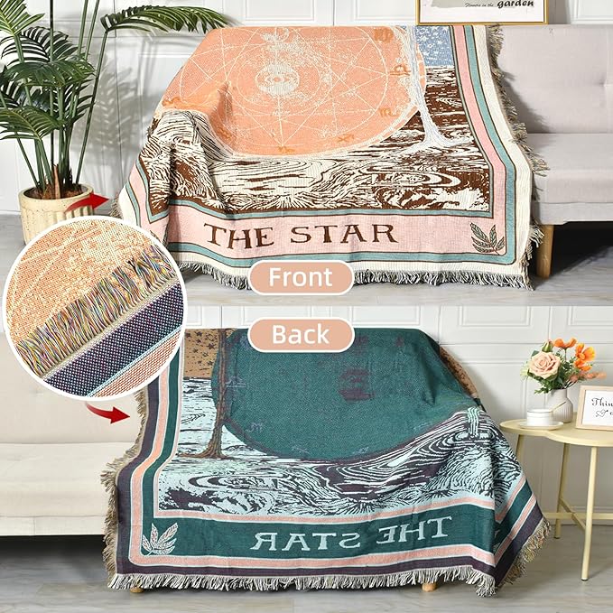Boho Throw Blanket Reversible Cotton Bohemian Tapestry Hippie Room Decor Double Sided (Boho The Star 50"x60")