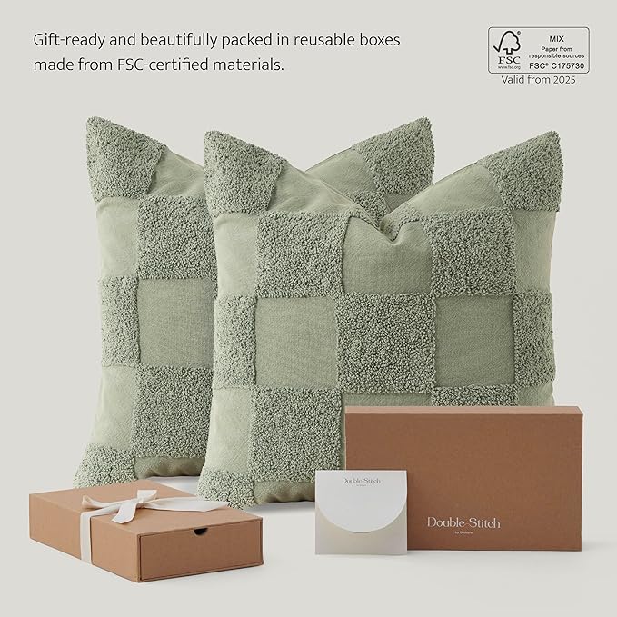 Double Stitch Checkered Throw Pillow Covers - 100% Cotton Set of 2 Tufted Boho Decorative Pillow Covers 20x20, Made in India, Square Cushion Case, Modern Home Decor for Couch, Sofa, Sage Green