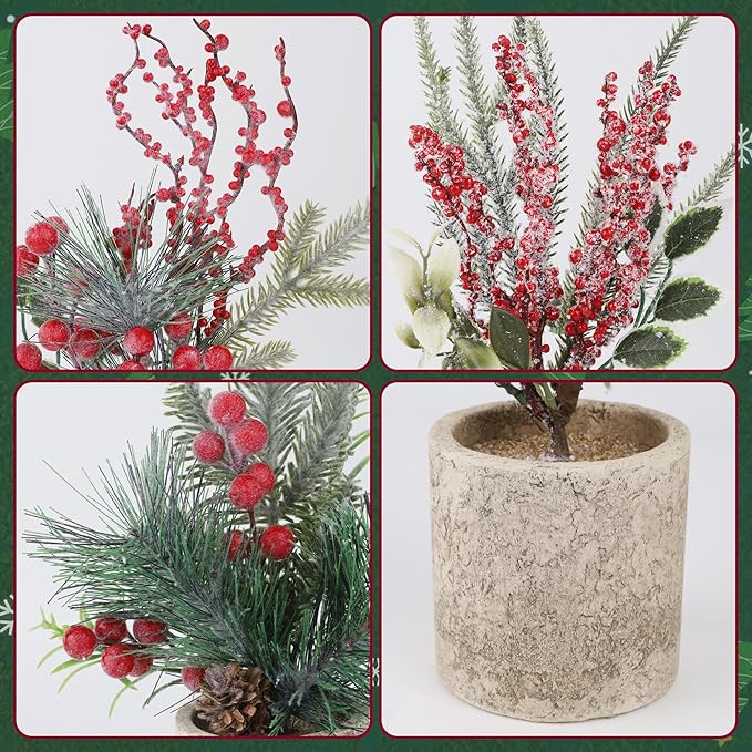 winemana Mini Christmas Tree Table Decorations Indoor, 3 Pcs Small Artificial Xmas Trees Decoration with Red Berries Pine Cone for Centerpiece Kitchen Office Tabletop Home Holiday Decor
