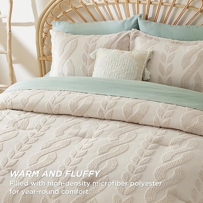 Bedsure Twin/Twin XL Size Comforter Set Beige, Boho Tufted Bed Set, Farmhouse Jacquard Cable Knit Pattern Bedding, 2 Pieces, 1 Shabby Chic Fluffy Comforter & 1 Pillow Sham