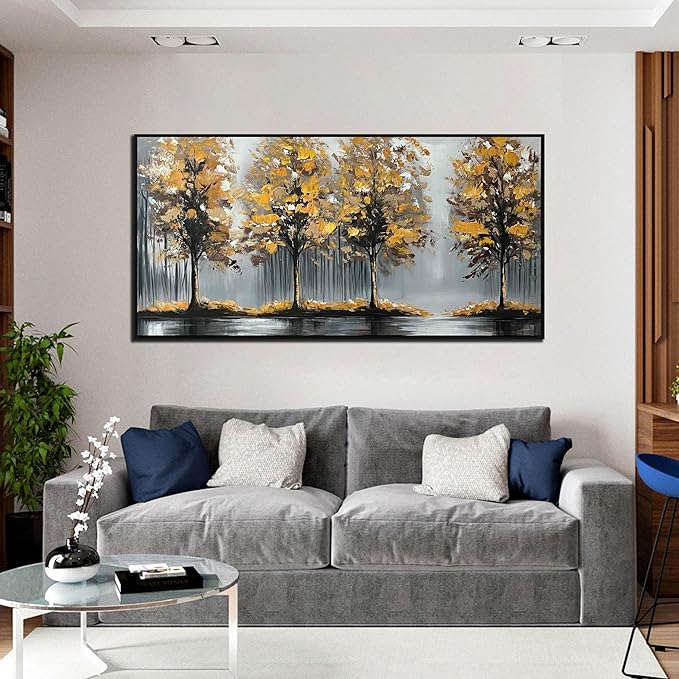 Gold Tree Canvas Hand Painted Wall Art for Living Room - Modern Office Artwork Wall Decor - Framed Wall Art for Bedroom Size 29" x 59"