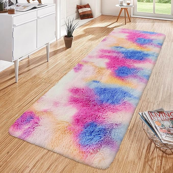 Fluffy Colorful Rug for Bedroom 2x6 ft Kawaii Tie-Dyed Area Rug Non Slip Cute Unicorn Kids Runner Rug for Girls Princess Teens Living Room Playroom Baby Nursery Decor Carpets