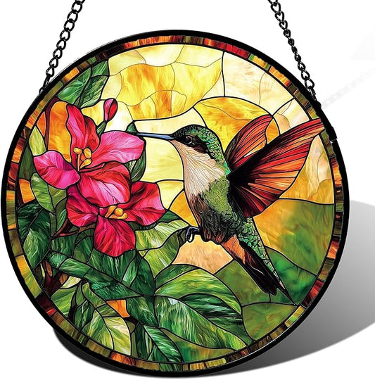 Stained Glass Suncatcher, Hummingbird Red Flowers Green Leaves Sun Catcher Stain Glass Window Hanging Decoration Mother's Day Birthday Gifts for Bird Lover Women Men Mom Nana 6.3 in